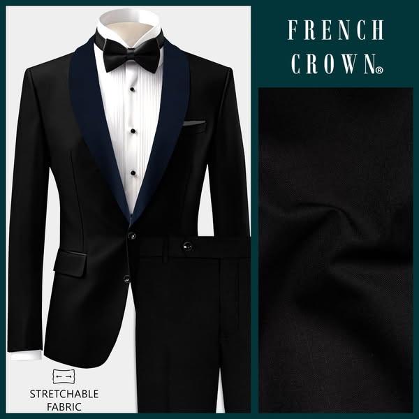 The creative behind it: Jade Black Stretchable Subtle Sheen with Blue lapel Tuxedo Suit