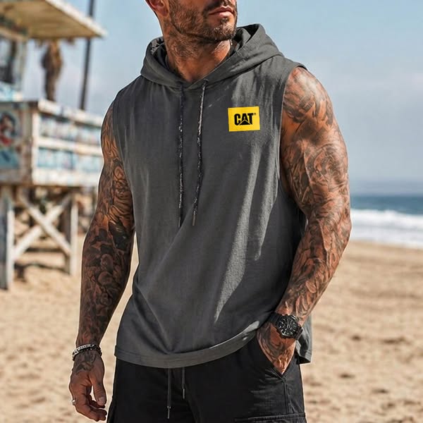 Men's Vintage Surfing Beach Letter Print Sleeveless Hooded Tank Top Dark gray-XL