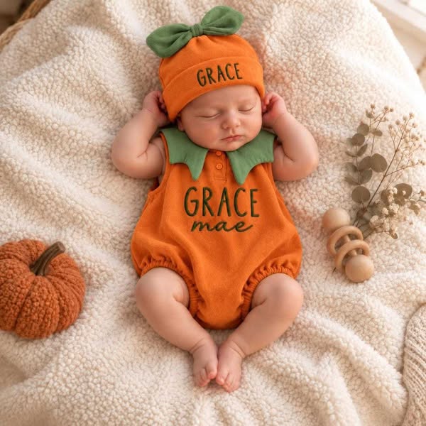 Personalized Baby Pumpkin Outfit, Embroidered Name Romper with Hat, First Halloween Baby Costume, Fall Newborn Gift