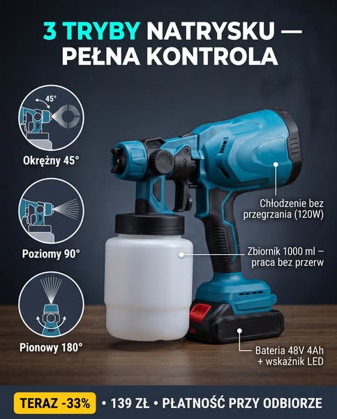 Akumulatorowy Pistolet do Malowania 48V (Zbiornik 1L) [-33%]