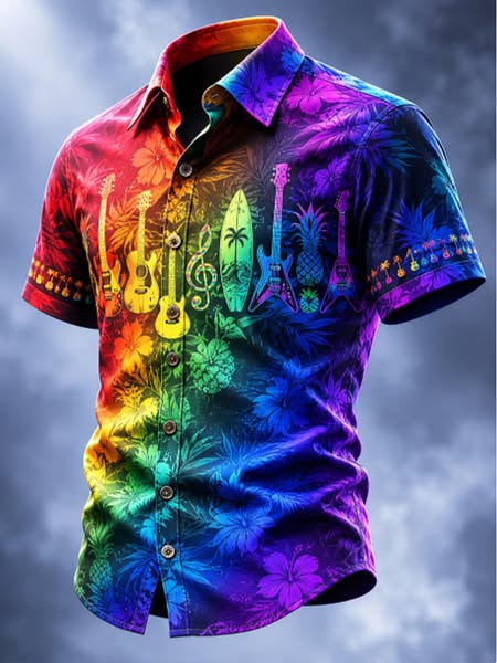 Men's Rainbow Gradient Guitar Floral Tropical Pineapple Art Print Short Sleeve Shirt