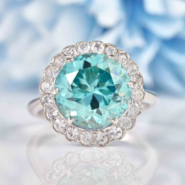 Blue Zircon Platinum & Silver Cluster Engagement Ring