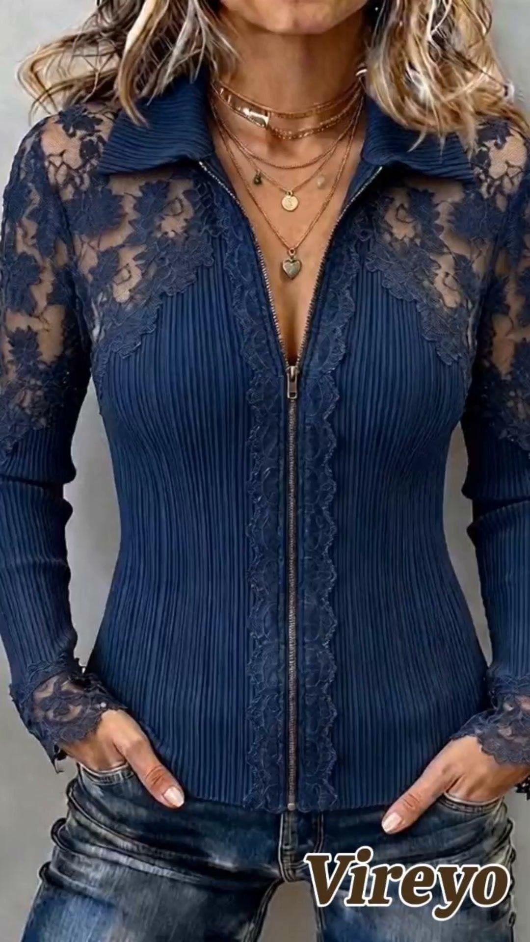 Lace Spliced Zip‑Up Ribbed Long‑Sleeve Top