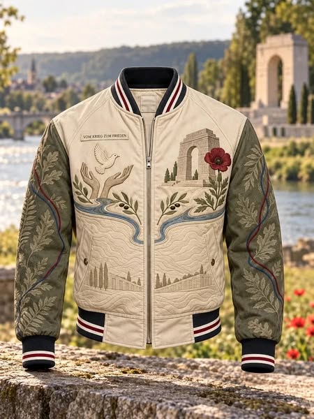 Men's Veterans Day Dove & Arch Monument Print Pockets Stand Collar Jacket