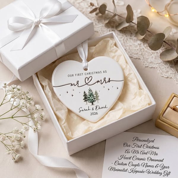 Personalized "Our First Christmas As Mr. & Mrs." Heart Ceramic Ornament