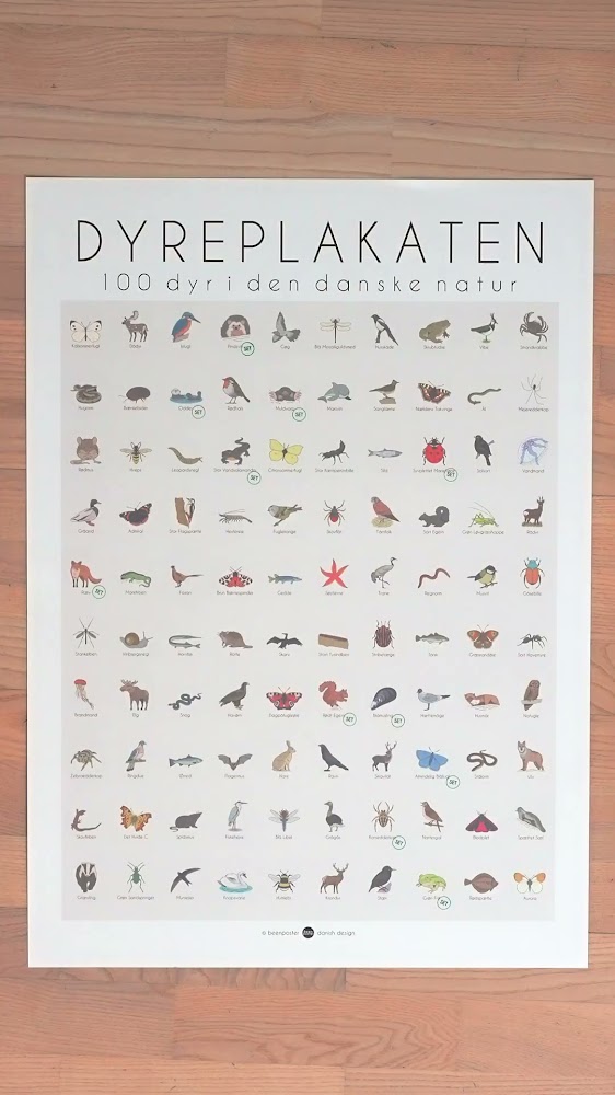 100 dyr fra Danmark - på én plakat