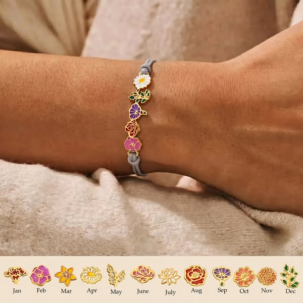 Personalized Adjustable 1-8 Birth Flowers Bracelet Dainty Jewelry Birthday Anniversary Gift for Mom Grandma