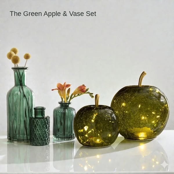 Green Glass Apple & Vase Styling Set