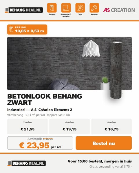 Betonlook behang zwart — €23,95