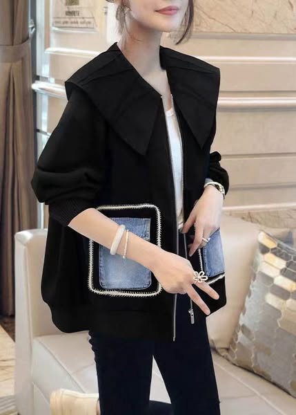 French Black Peter Pan Collar Patchwork Cotton Coats Fall M(Fit for EU 40-42, US 8-10, UK/AU 12-14, IT 44-46)