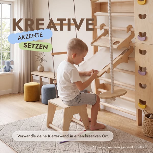 7-in-1 Kletterwand fürs Kinderzimmer mit Sprossenwand, Kletternetz, Klimmzugstange & (3in1) Kinderschaukel-Set