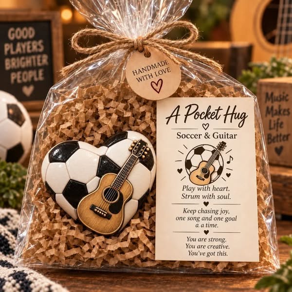 Sports Pocket Hug – Inspirational Keepsake Gift for Athletes & Sports Lovers - Soccer & Guitar