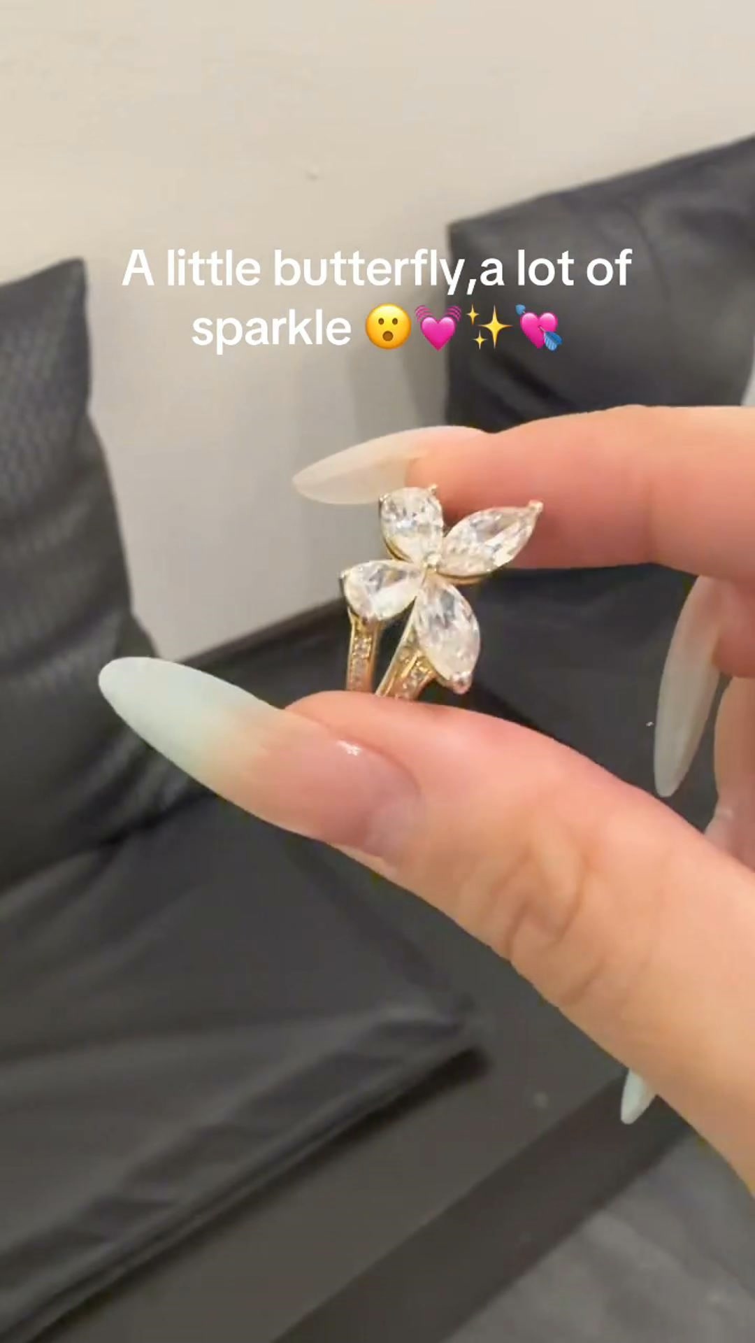 50% OFF | 18K Gold Four-Stone Butterfly Open Ring | Elegant, Adjustable & Sparkling