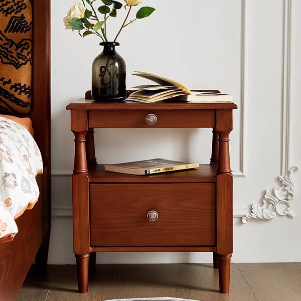 Ash Wood 2-Drawer Nightstand, French - Walnut