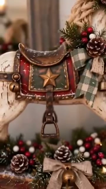 Vintage Christmas Rocking Horse - Rustic Farmhouse Holiday Tabletop Decor