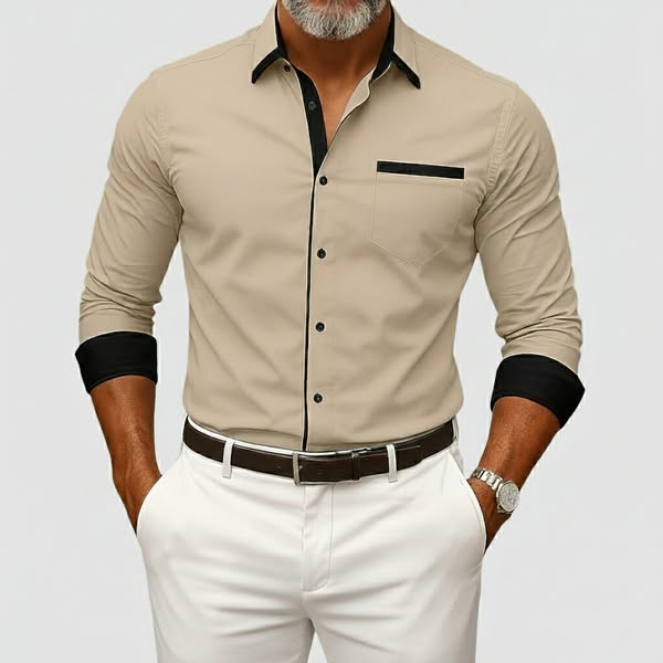 Men's Business Casual Contrast Color Shirt Collar Single Breasted Long Sleeve Shirts