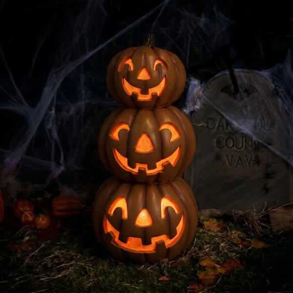 Halloween 80cm Stacked Smiling Pumpkins Ornament with Multicoloured LED Lights