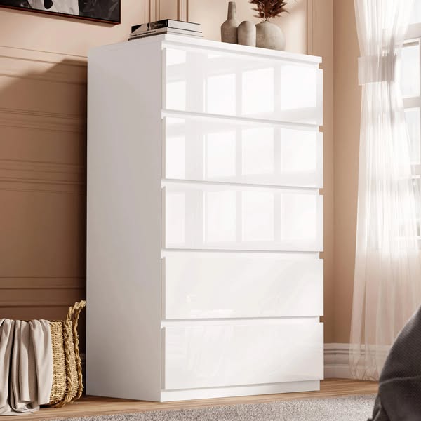 £269.99/- High Gloss Tall Chest of Drawers - 5 Drawer Chest Bedroom Drawers