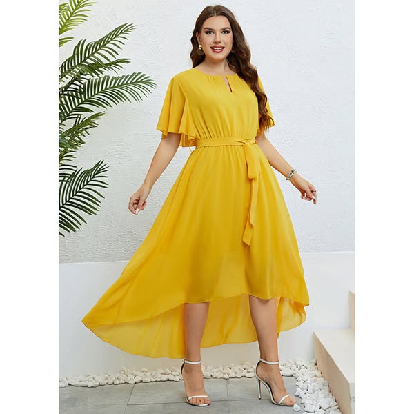 Loose Yellow V Neck Tie Waist Low High Design Solid Chiffon Maxi Dresses Short Sleeve