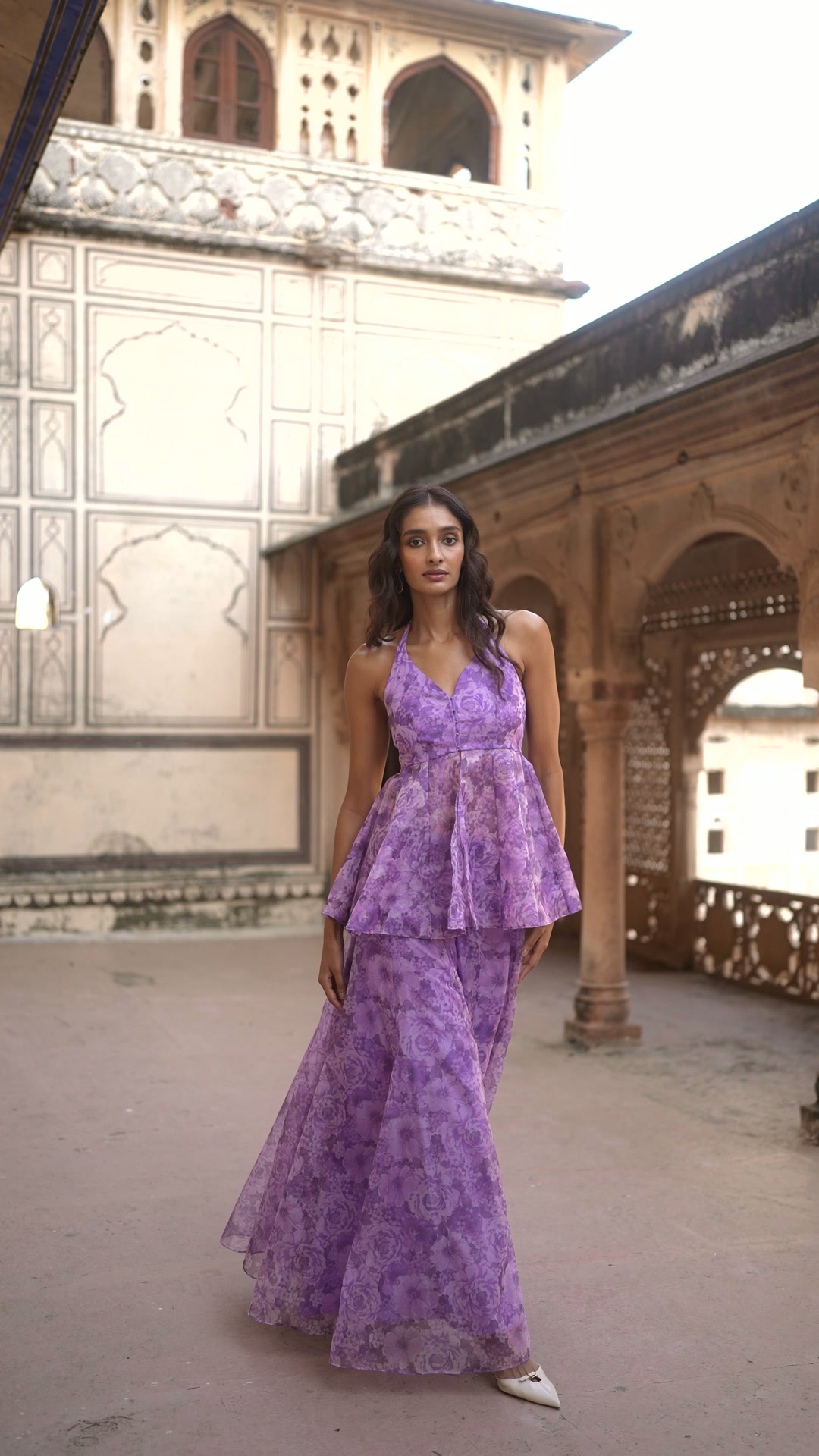 PRINTED ORGANZA HALTER NECK TOP & WIDE-LEGGED FLARED PANT SET