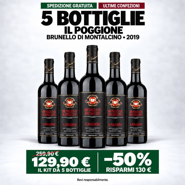 Set da 5 bottiglie di vino rosso: Il Poggione Brunello di Montalcino, 5 × 750 ml