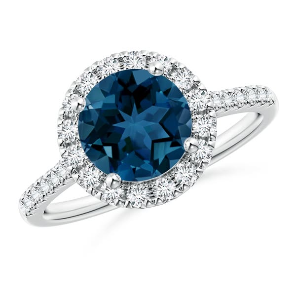 Round London Blue Topaz Halo Ring With Diamond Accents