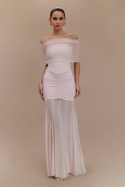 Caspian Slinky And Mesh Off Shoulder Maxi Dress - Pale Pink | £89