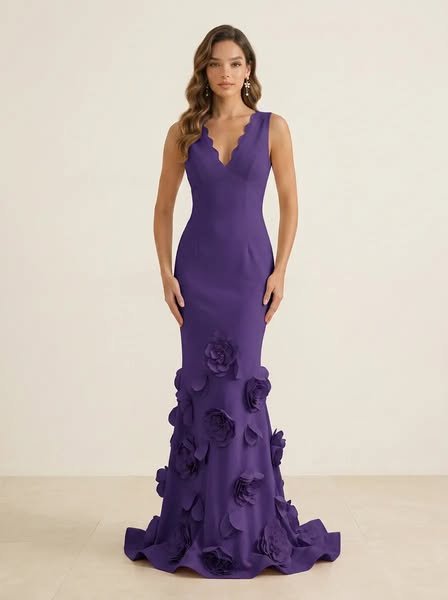 V-Neck Scalloped Mermaid Gown with 3D Floral Accents Evening Dresses