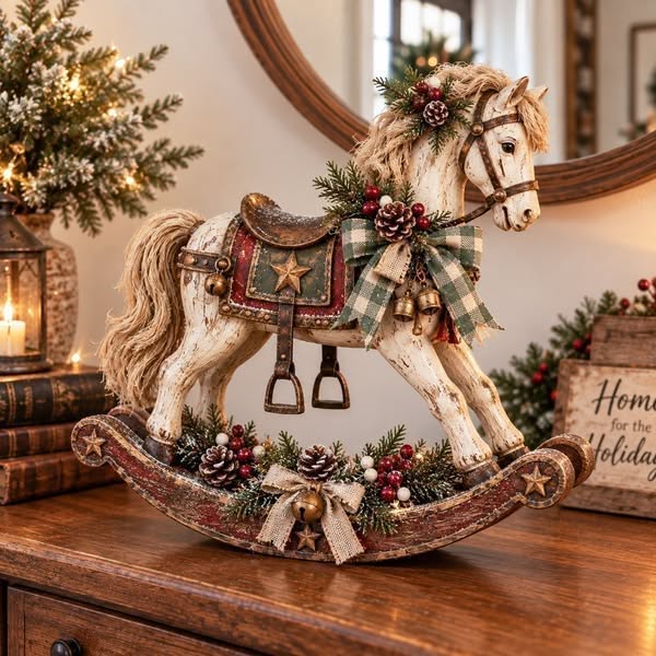 Vintage Christmas Rocking Horse – Rustic Country-Style Table Decoration