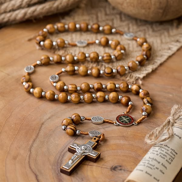 Natural Wood Handmade Rosary With Saint Benedict Cross