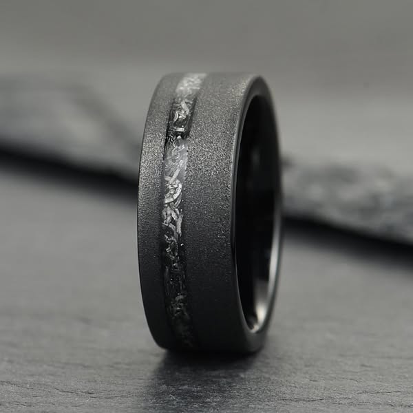 The Eclipse – Black Smooth Tungsten Ring With Crushed Meteorite Inlay (4mm, 6mm, 8mm)