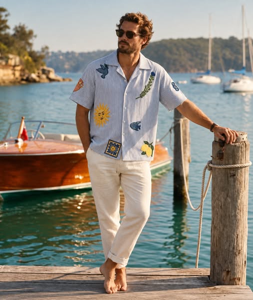 "Postcards From Sicily" hand embroidered Shirt