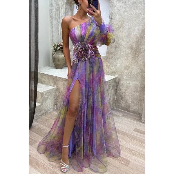 Picturesque Beauty Tulle Floral Pleated One Shoulder Sleeve Slit Maxi Dress