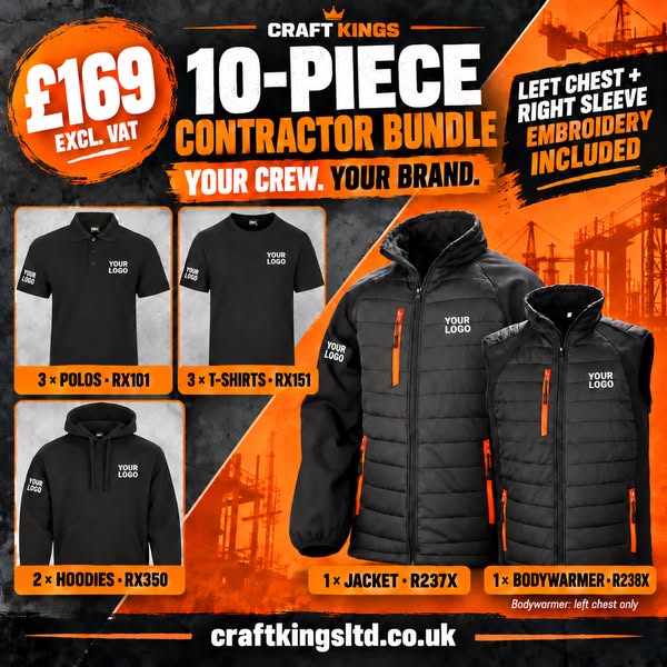 10 Pieces + Chest & Sleeve Logos — £169 + VAT