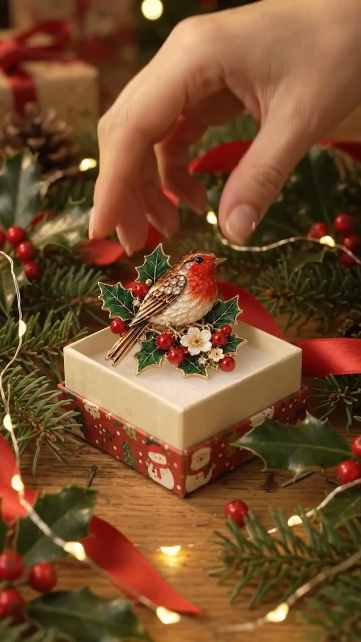Timeless Yuletide Accessory｜Christmas Robin Holly‑Berry Enamel Brooch!
