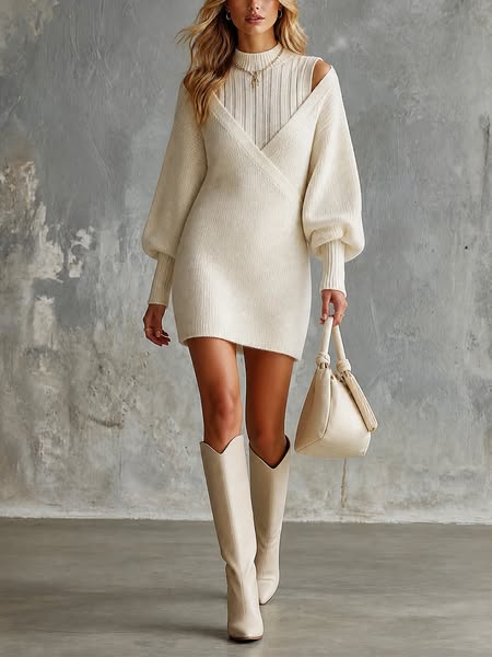 Off-White Ribbed Knit Mini Dress