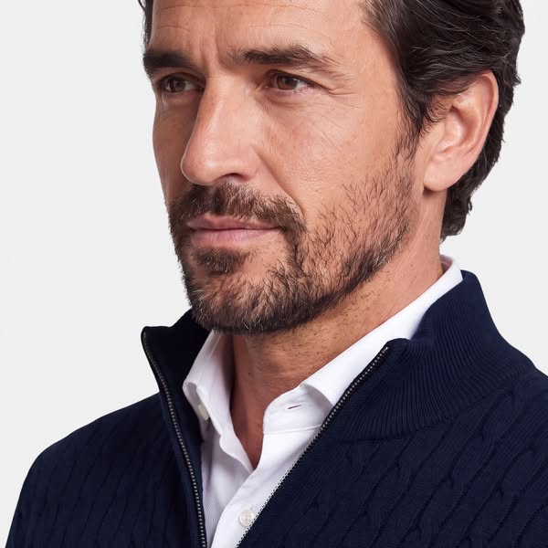 Cashmere Blend Cable Half Zip - Dark Blue