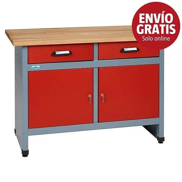 Banco de trabajo (L x An: 60 x 120 cm, Altura de trabajo: 84 cm, Carga soportada: 300 kg, Rojo/Gris plata, Número de cajones: 2 ud.)
