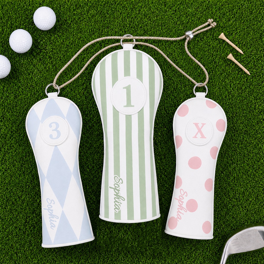 Personalized Golf Club Headcovers With Interchangeable ID Patches, Anti-Loss Adjustable Drawstring, Stripes, Argyle, Polka Dots Designs, Gol