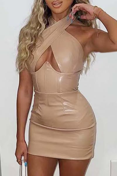 Cross Halter Neck Cutout Bodycon Faux Leather Mini Dresses-Black