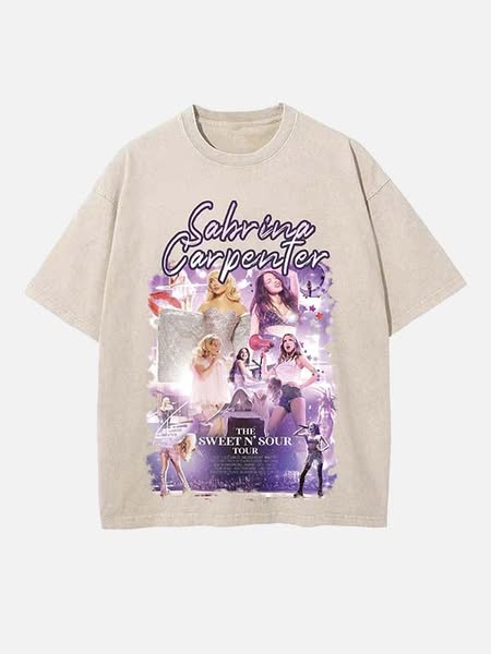 Sabrina Carpenter Print Round Neck T-shirt Apricot-S