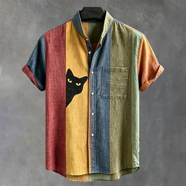 Men's Vintage Black Cat Contrast Stripes Art Short Sleeve Shirt 0c7b Muticolor-M