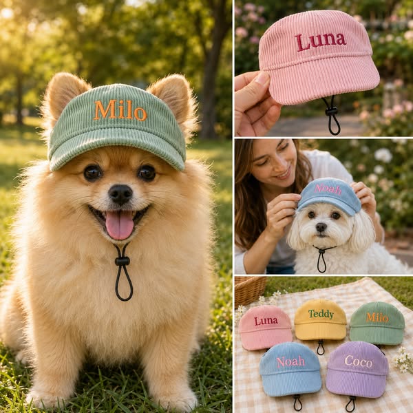 Custom Embroidered Name Corduroy Dog Hat, Adjustable Breathable Pet Baseball Sun Hat, Personalized Puppy Cap Suitable for Small to Large Bre