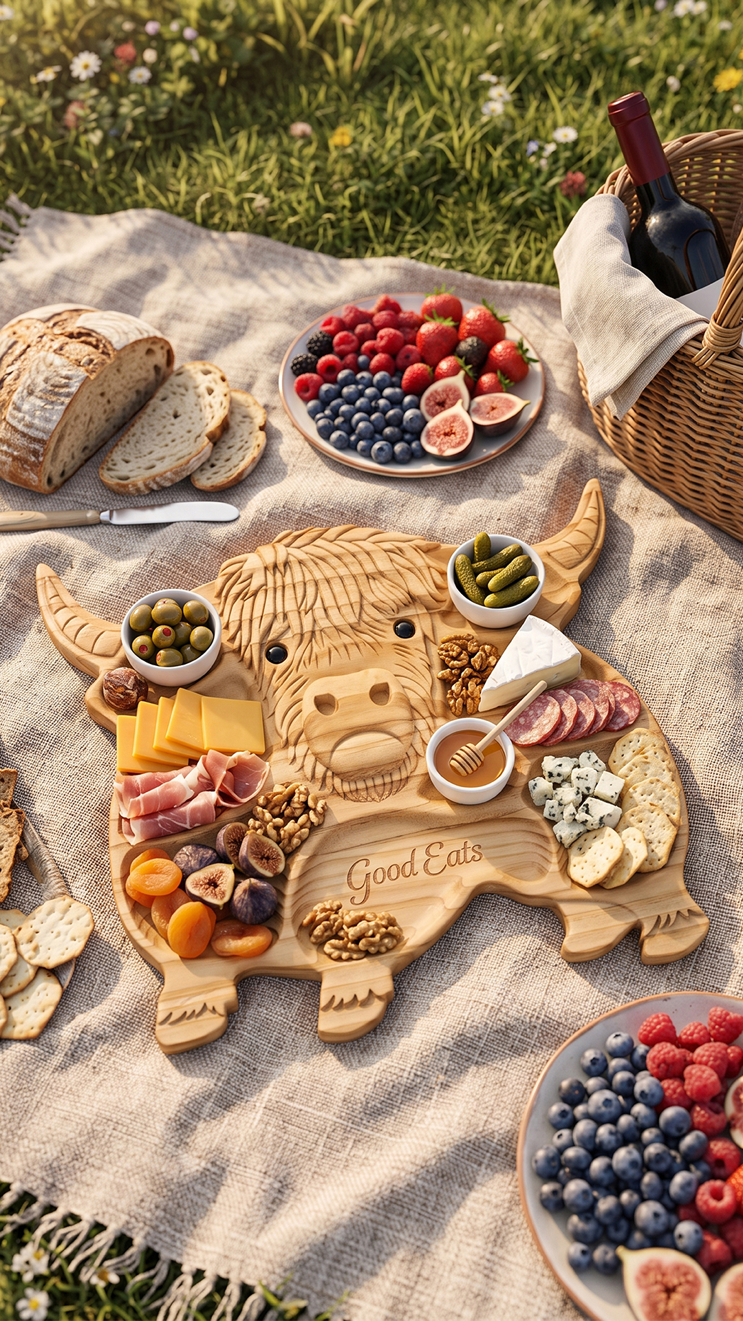 Custom Name Engraved Highland Cow Charcuterie Board, Multi-Compartment Wooden Serving Tray, Kitchen Accessory, Housewarming Gift for Hostess