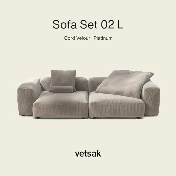 vetsak | Sofa Set 02 Large - Cord Velour - Platinum | Modular Sofa | 3.5 Seater | Big Sofa