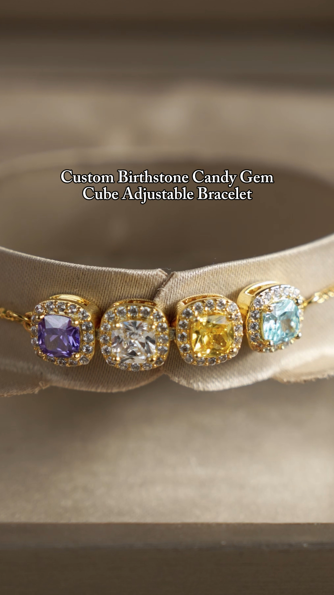 Personalized 1-12 Sugar Cube Shaped Birthstones Adjustable Bracelet with Zircon Anniversary Birthday Christmas Gift for Women Mom Grandma