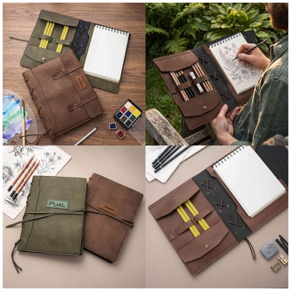 Capa de couro personalizada com nome e detalhes em patch, estojo para caderno de desenho com vários compartimentos