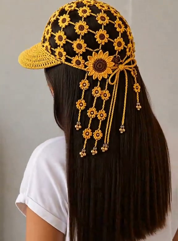 Hand‑Crocheted Sunflower Baseball Cap | Bohemian Tassel Bell Hat For Travel & Festival Outfits
