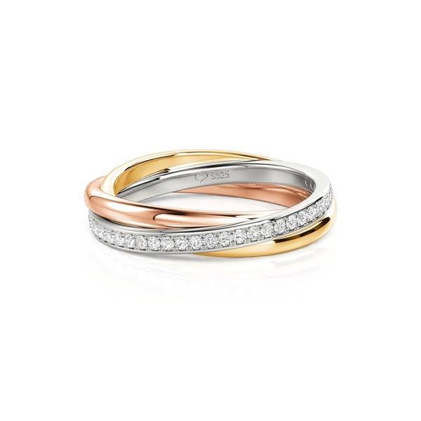 Classic Three Tone Round Cut Sterling Silver Wedding Band for Women