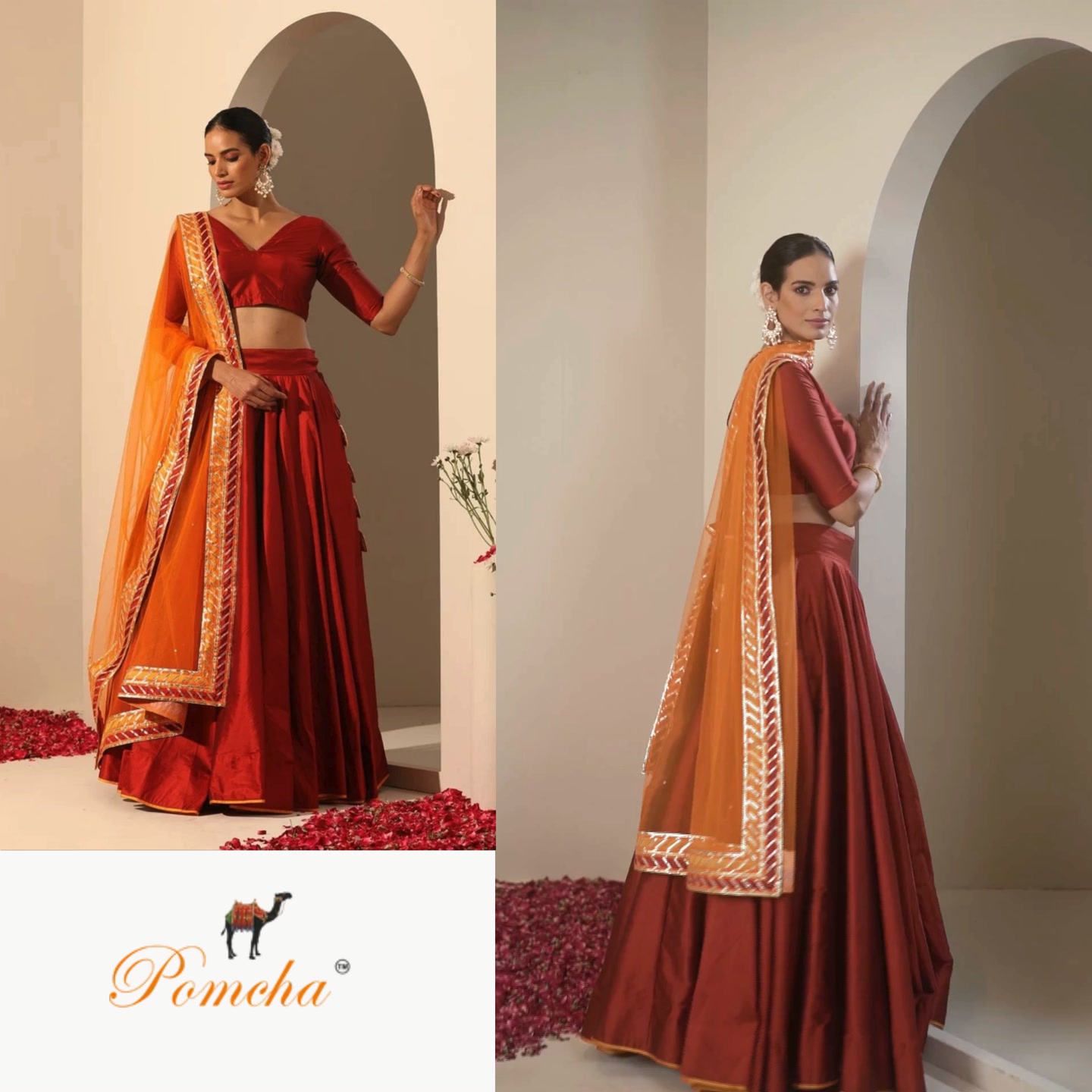 GUL MAROON TAFFETA SILK LEHENGA WITH LACE WORK SOFT NET DUPATTA SET